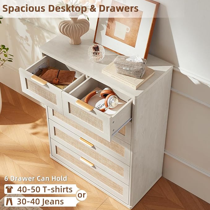 LEYAOYAO White Dresser for Bedroom Set of 2, 42" Tall Chest of Drawers, Modern 6 Drawers Boho Rattan Dressers with Storage, Dresser Wooden Closet Organizer for Living Room, Hallway