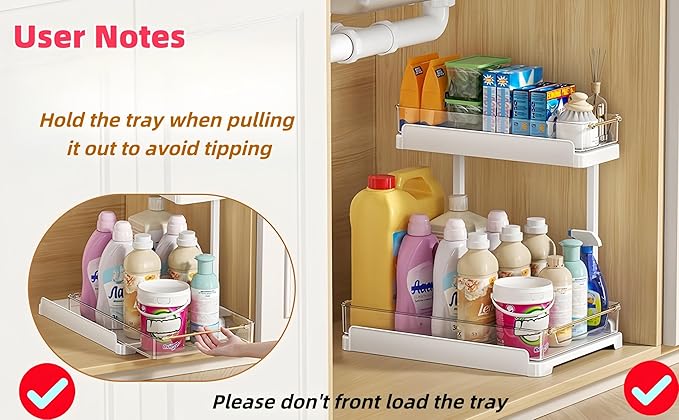 heart & home 1-Pack Under Sink Storage Organizer for Kitchen & Bathroom Cabinets with Removable Washable Tray, Tool-Free Assembly – Multi-Purpose for Kitchen Countertop, Vanity, & Laundry Room，White