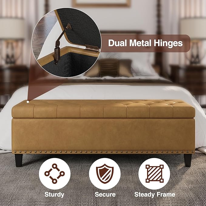 Storage Ottoman Bench, 51-Inch Large Storage Bench for Bedroom End of Bed, 30 Gallons Faux Leather Ottoman for Bedroom, Living Room, Entryway, Hallway, Camel