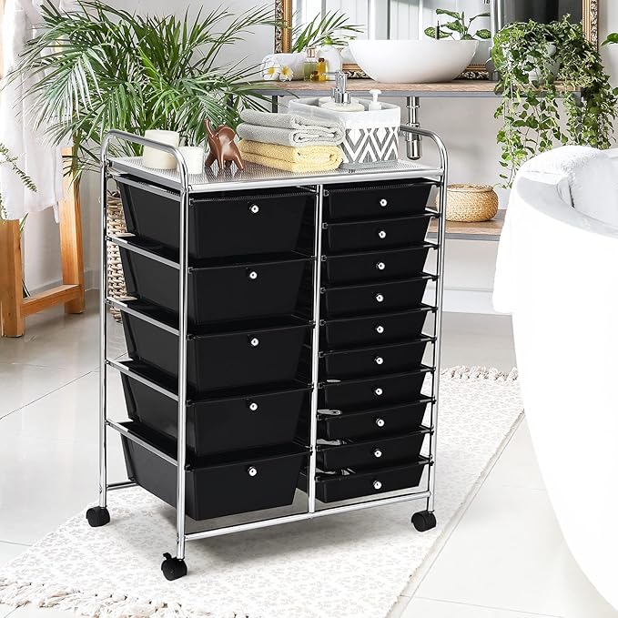GOFLAME 15-Drawer Rolling Storage Cart, Multipurpose Movable Organizer, Utility Cart for Home, Office, School, Black