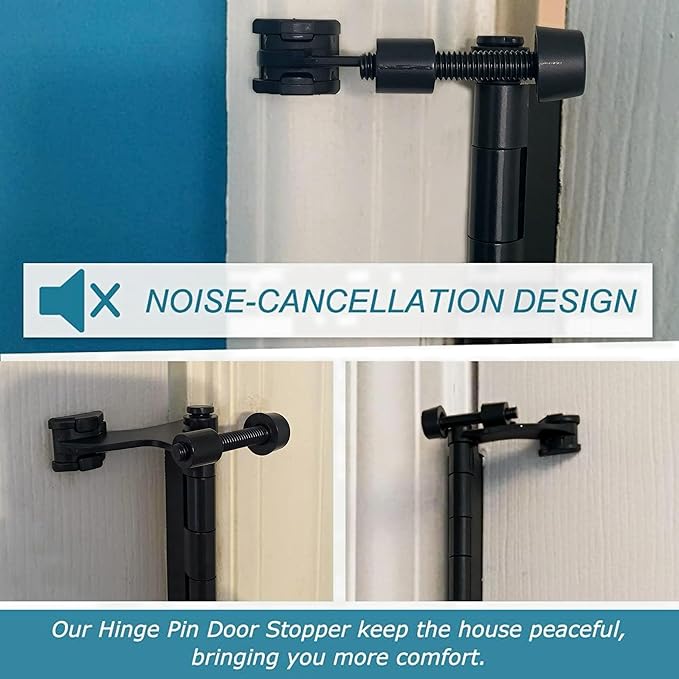 12 Pack Hinge Pin Black Door Stopper, Adjustable Heavy Duty Hinge Pin Door Stop with Black Rubber Bumper Tips