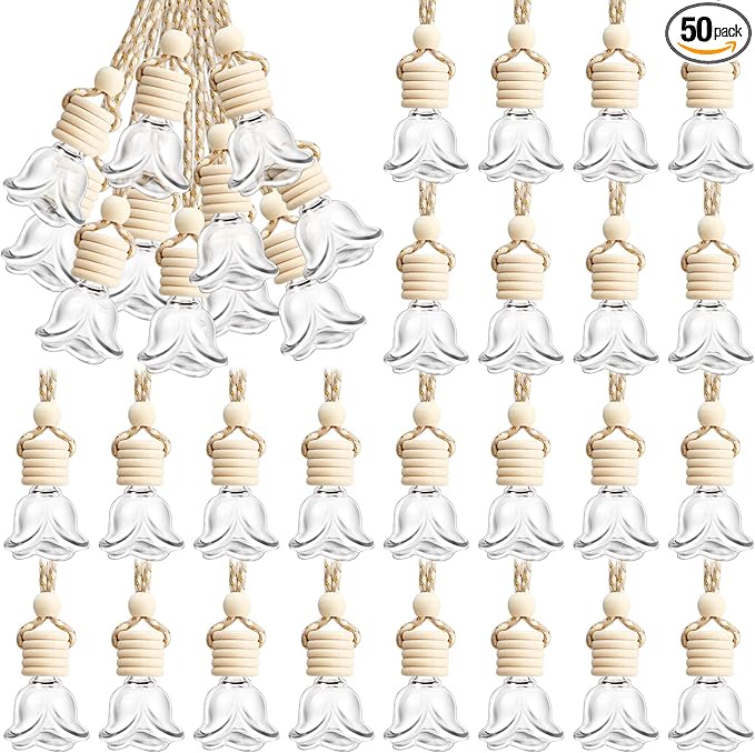 BBTO 50 Pcs Hanging Car Air Freshener Car Diffuser Bottles Empty Glass Perfume Bottle Freshener Diffuser Bottle Pendant for Essential Oil Fragrance Aromatherapy Bottle Ornament(Rose)