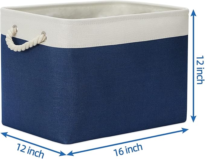 Temary Storage Baskets for Shelves, 2 Pcs Fabric Storage Bins Empty Gift Baskets for Organizing Clothes, Books, Decorative Basket with Rope Handles (White&Blue,16Lx12Wx12H Inches)