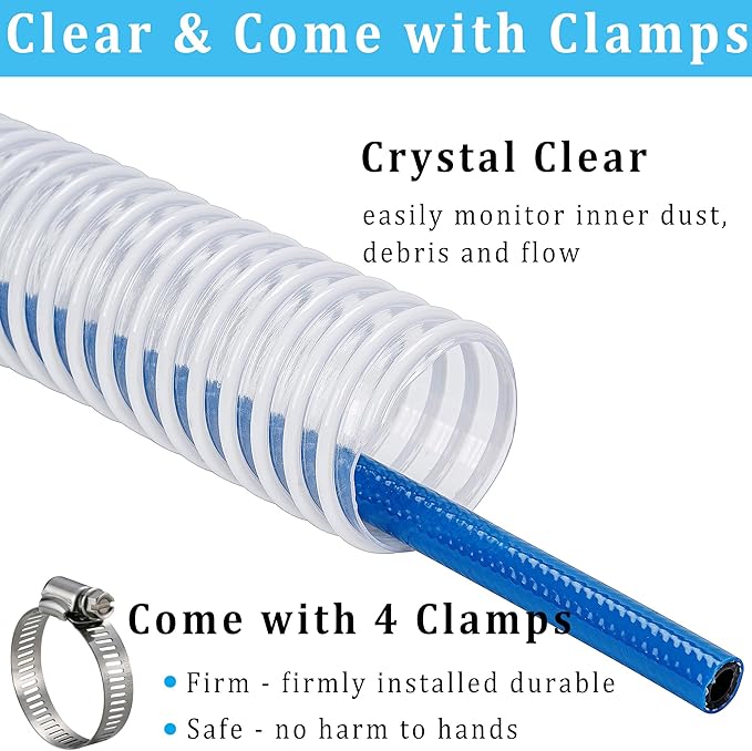 Dust Collection Hose 2 in × 5 ft Heavy Duty Clear Flexible PVC Reinforced Thicken Helix Suction Discharge Corrugated Pipe Tubing Hose for Fume Dust Collector Fitting Wood Chip Saw