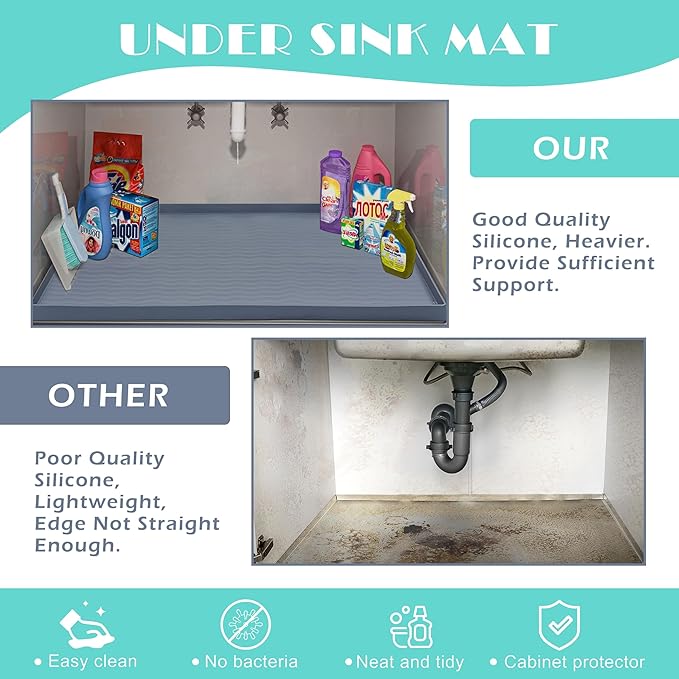 URMONA Waterproof Silicone Under Sink Mat 22'' x 14'' Shelf Liner for Kitchen and Bathroom, Cabinet and Counter Protector, Storage and Organizers, Litter Mat, Pet Cat Puppy Essentials(Black)