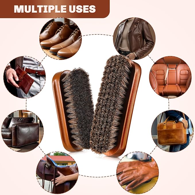 2 Pcs Horsehair Shine Shoes Brush Kit Polish Dauber Applicators Cleaning Leather Shoes Boots Care Brushes Suede Cleaner Brush(Brown Concaved Brush)