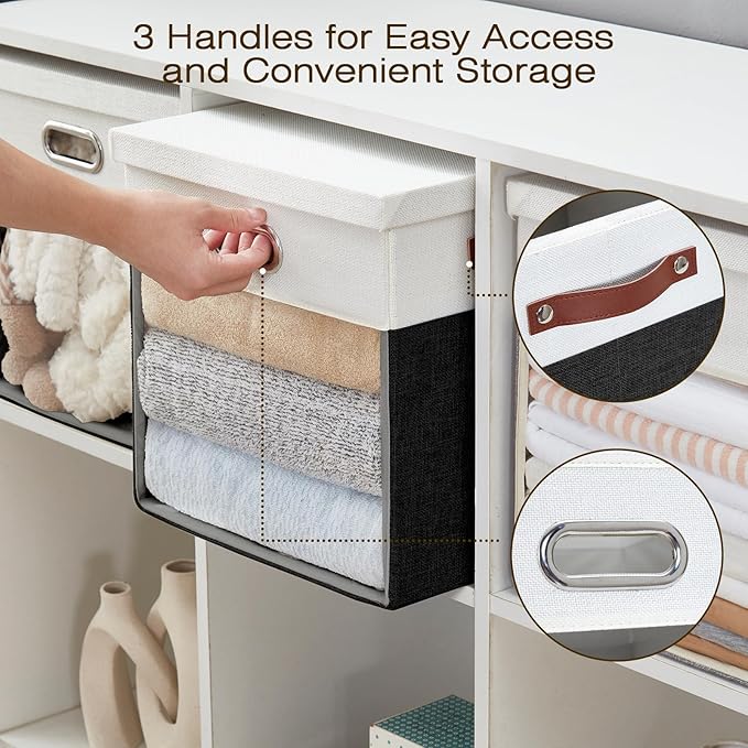 Fabric Storage Cubes with Clear Windows and Lids, 13'' Foldable Storage Bins with 3 Handles, Decorative Storage Boxes for Home, Bedroom, Closet, Office (Balck & White)