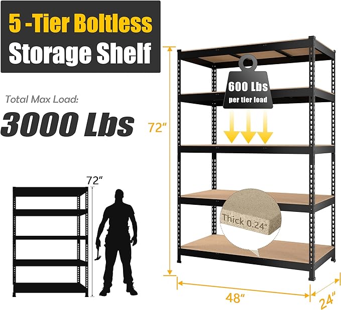 PrimeZone 48" x 24" x 72" Heavy Duty Storage Shelves, 5 Tier Adjustable Garage Storage Shelving, Metal Storage Utility Rack Shelf Unit for Warehouse Pantry Closet Kitchen, Black, 10 Pack