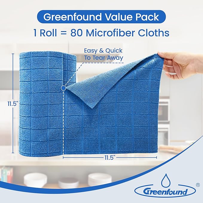Greenfound Microfiber Cleaning Cloth Roll -80 Pack,Tear Away Towels for Car,Reusable Paper Towels Washable,Super Absorbent,Lint Free Cleaning Rags for House,Kitchen,Window-11.5"×11.5"(Check Blue)