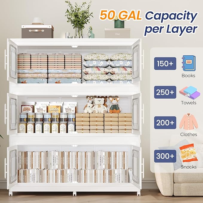 250GAL Extra Large Storage Bins with Lid, 1000QT Storage Bins with Wheels, Folding Closet Organizer, Stackable Collapsible Plastic Storage Containers for Home, Office, Dorm, 5Pack White
