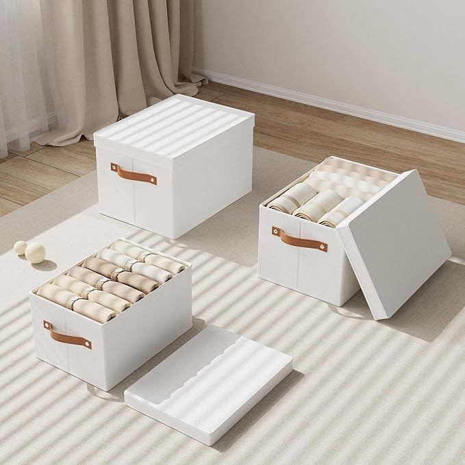 Fabric Storage Bins, Clothes Boxes for Shelves with Lids, 3 Pack Baskets for Organizing with Handles, Decorative Linen Closet Organizers, White, 16.5 x 11.8 x 10.2 Inch