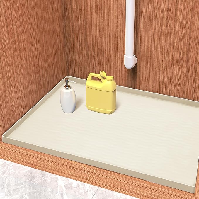 URMONA Waterproof Silicone Under Sink Mat 22'' x 14'' Shelf Liner for Kitchen and Bathroom, Cabinet and Counter Protector, Storage and Organizers, Litter Mat, Pet Cat Puppy Essentials(Cream)