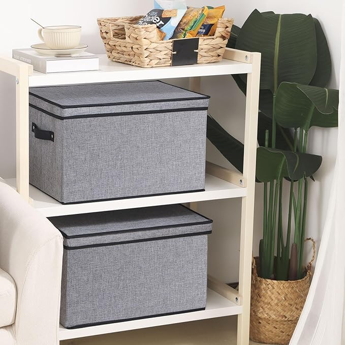 Storage Boxes, 15 x 9.8 x 8.3 Inch Baskets for Organizing with Lids, Fabric Bins with Handles, Decorative Linen Closet Organizers, Gray, 5 Pack