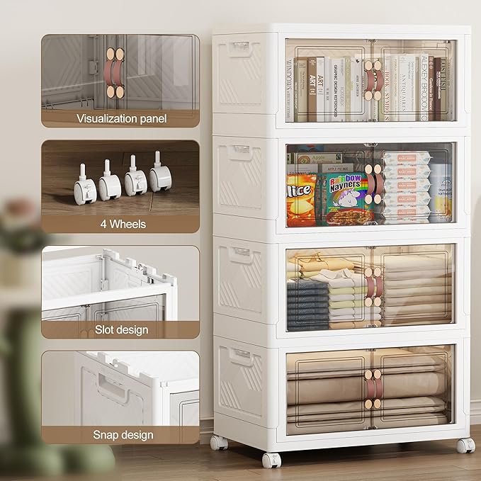 SAILUN 308QT Extra Large Collapsible Storage Bins with Wheels and Lid, Stackable Storage Bins Open Closet Organizers and Storage Storage Containers Drawers,23.6" L × 15" W × 54.5" H（4 Pack）