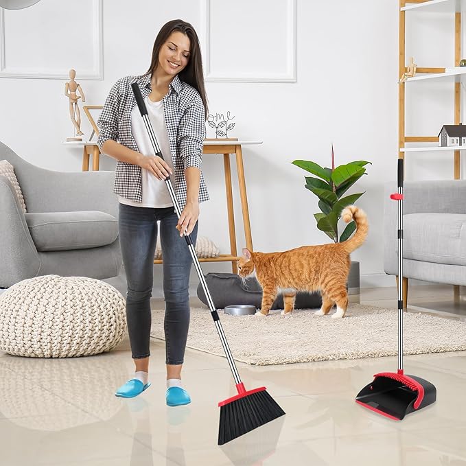 NACENA Broom and Dustpan Set, 52-in Long Adjustable Handle Broom Dustpan Combo with Dustpan Teeth to Automatically Clean Hair Suitable for Home Kitchen Office Hall Floor (Black&Red), 4 Pack
