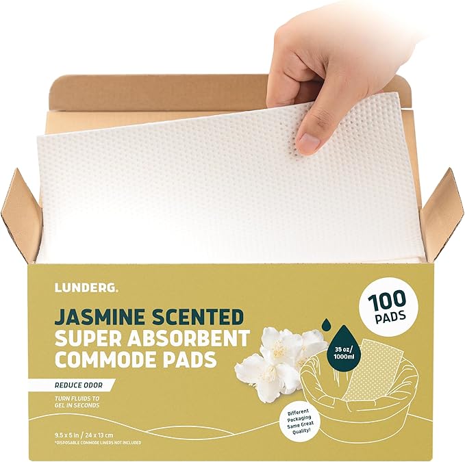 Lunderg Jasmine Scented Super Absorbent Commode Pads - Medical Grade Value Pack 100 Count - for Disposable Bedside Commode Liners, Adult Chairs, Portable Buckets & Camping Toilet Bags - Light Scent