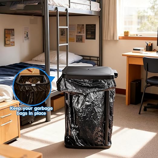Portable Trash Bag Holder Collapsible Garbage Bin with Lid and Bands, Expandable Indoor Outdoor Trash Can Holder Stand for RV Camping Kitchen, Black