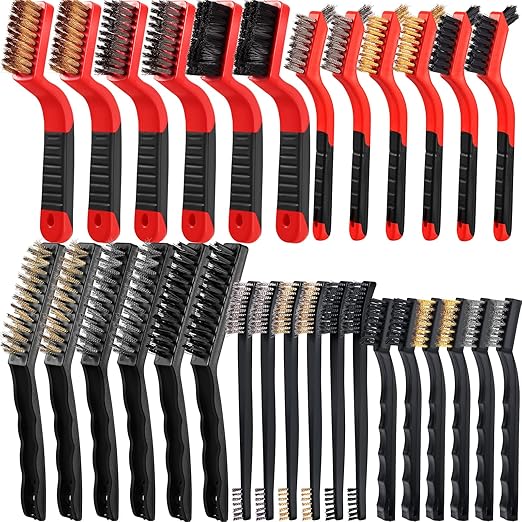 Sumind Wire Cleaning Brush Set Nylon/ Stainless Steel/ Brass Metal Brush with Curved Handle Grip Paint Remover for Cleaning, Rust, Drill, Scrub, Grout Cleaner Tool (15 Pcs,Red and Black)