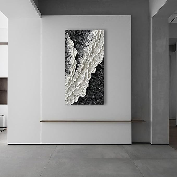 NANKAI 24x48 Inch Hand Painted 3D Ocean Wave Landscape Oil Painting Black and White Abstract Canvas Art Mural Family Wall Decoration art