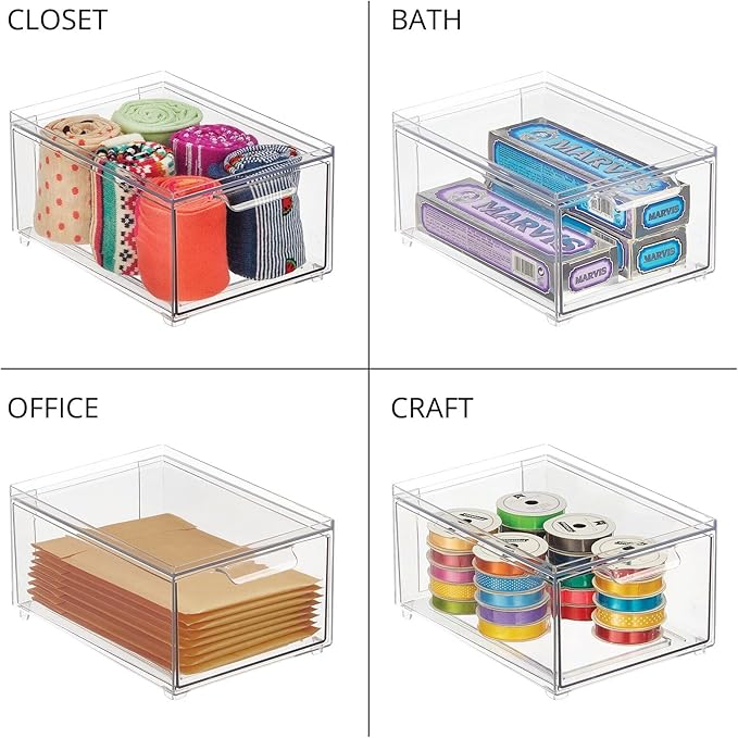 mDesign Stackable Storage Containers Box with Pull-Out Drawer - Stacking Plastic Drawers Bins for Kitchen Pantry and Cupboard, Cabinet, Counter, Island and Tables - Lumiere Collection - 4 Pack - Clear
