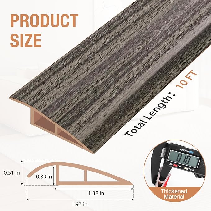 Floor Transition Strip Self Adhesive Vinyl Door Threshold for Doorways Carpet Edging Trim Overlap Edge Reducer for Laminate Floor, Carpet, Tile (Grayish Brown Wood Grain, 1/5" to 2/5", 10Ft)