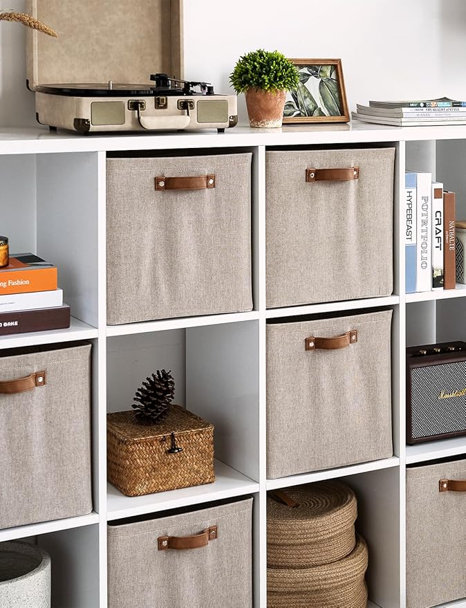 StorageWorks 13x13 Inches Storage Cube, Fabric Storage Bins with PU Handles, Collapsible Organizer Baskets for Closet, Brown and Beige, 6-Pack
