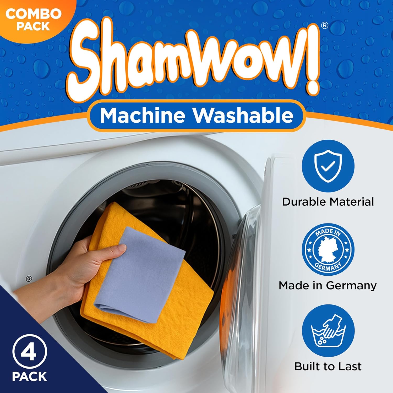 Original Super Absorbent Multi-Purpose Cleaning Shammy Chamois Towel Cloth - Holds 10X its Weight in Liquid - Machine Washable - Will Not Scratch (4 Pack: 2 Large Orange & 2 Small Blue).