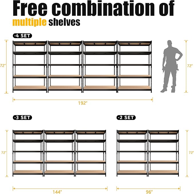 PrimeZone 48" x 24" x 72" Heavy Duty Storage Shelves, 5 Tier Adjustable Garage Storage Shelving, Metal Storage Utility Rack Shelf Unit for Warehouse Pantry Closet Kitchen, Black, 10 Pack