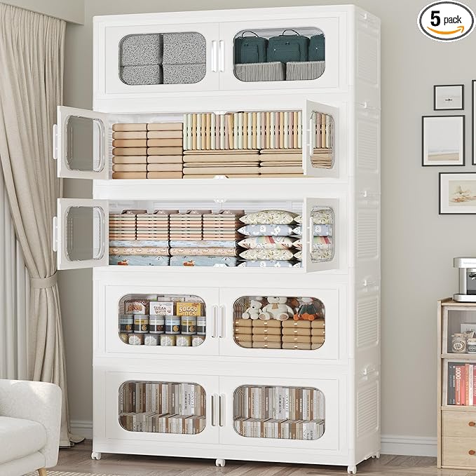 250GAL Extra Large Storage Bins with Lid, 1000QT Storage Bins with Wheels, Folding Closet Organizer, Stackable Collapsible Plastic Storage Containers for Home, Office, Dorm, 5Pack White