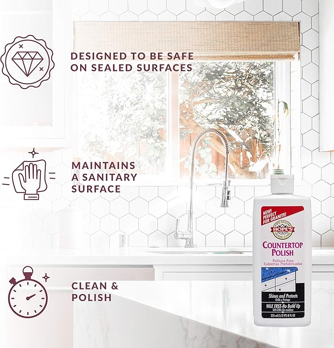 HOPE'S Countertop Restoration Polish, Streak-Free Kitchen Counter Cleaner, No Buildup Countertop Cleaner, Quartz, Marble, Corian, Composite, and Granite Cleaner and Polish, 8 Fl Oz, Pack of 2
