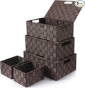 Storage Bins Baskets for Organizing with Lids, Storage Baskets for Shelves Stackable Woven Basket, Gift Small Basket Storage Cubes, Decorative Wicker Basket with Built-in Handles (5 Pack, Brown)