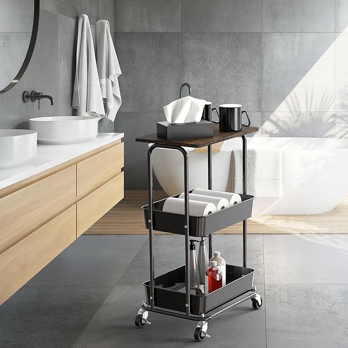 Simple Houseware 2-Tier Rolling Utility Cart with Lockable Wheels and Wood Top, Metal Storage Organizer Trolley for Kitchen, Bathroom, Office, Craft Room, Rustic Brown