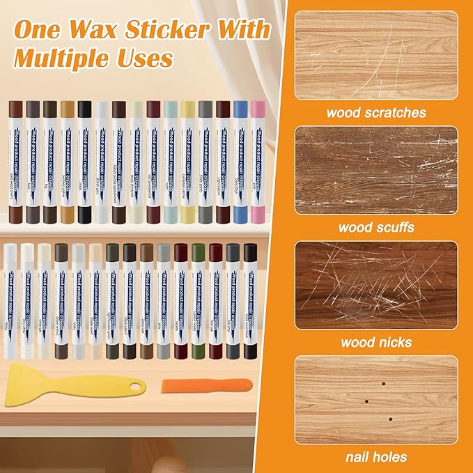 30+2P Wood Filler Sticks, Windspeed 30 Colos Wood Filler Putty Wax Crayons Furniture Repair Kit Putty Stick for Baseboard Cabinets Furniture Floors(with 2 Scrapers)