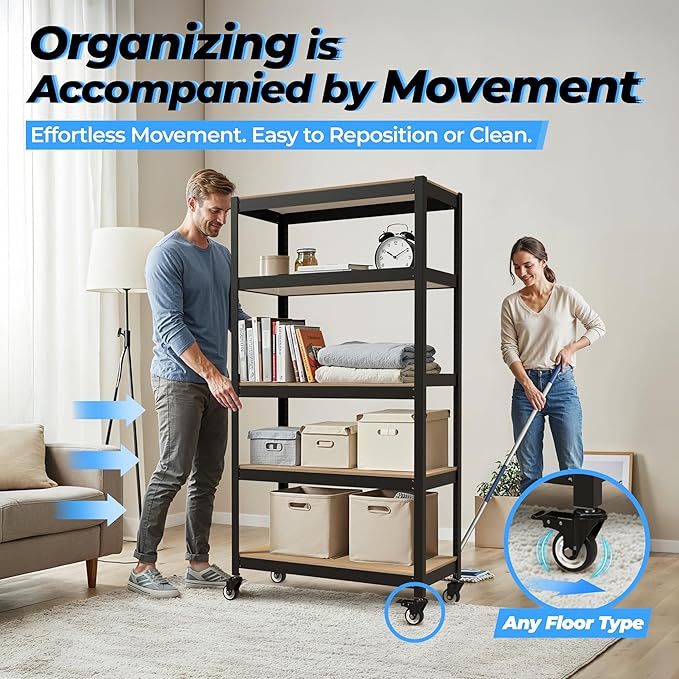 HOMEDANT House 5-Tier Metal Rolling Cart Shelf Rack Casters Heavy Duty Laminated Wheel Shelving Unit Adjustable Utility Storage Shelves Organizer Shelf Kitchen Garage 24.4" W x 16.5" D x 62.2" H 3Pack