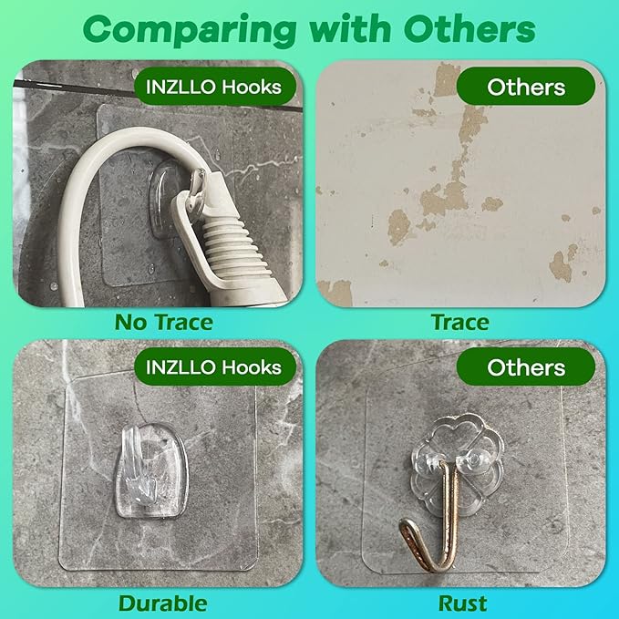 Adhesive Hooks, Heavy Duty Utility Hooks 20 lb(Max) Waterproof and Oilproof Removable, Clear Seamless Hooks Reusable Wall Hook for Kitchen Bathroom Bedroom Office - 10 Pack
