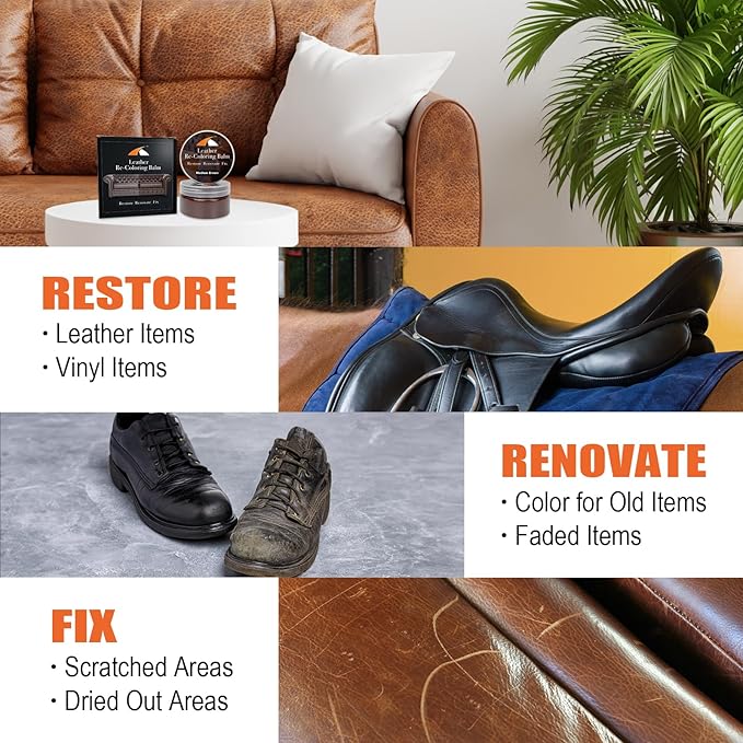Medium Brown Leather Repair Kit - Recoloring Balm & Dye to Restore Scratches, Faded & Aged Leather & Vinyl Couches, Boots, Car Seats & Furniture