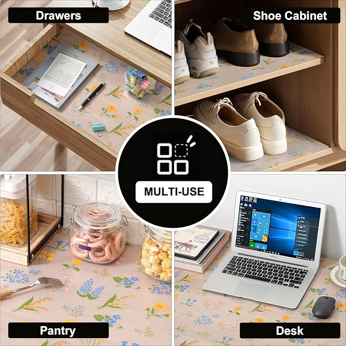 INNOLITES Non-Slip Shelf Liner – Cabinet & Drawer Liner Non-Adhesive – Waterproof Oil-Proof – Durable EVA with Floral for Kitchen Cabinets Refrigerator – BPA-Free, Easy to Cut 17.7" x 360"
