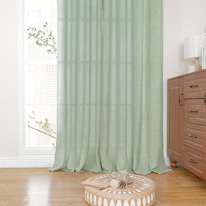 YoungsTex Sage Green Curtains 54 Inch Length for Kitchen, Light Filtering Semi Sheer Linen Window Drapes Rod Pocket Back Tab for Short Living Room Cafe, 2 Panels, 42 X 54 Inch