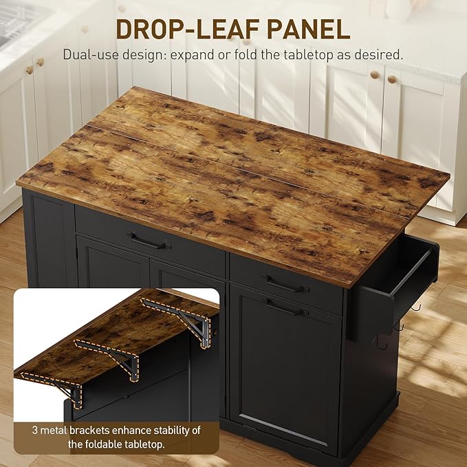 Kitchen Island with Power Outlet & Drop Leaf, Rolling Storage Cart with Trash Storage Cabinet, Farmhouse Mobile Island Table for Kitchen, Dining Room, Hidden Casters, Black and Rustic Brown