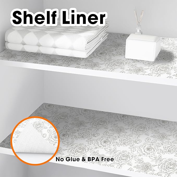 Drawer and Shelf Liner for Kitchen Cabinets Non-Adhesive, Non-Slip Cabinet Liner Shelf Paper Strong Grip Waterproof Easy to Clean for Kitchen Shelves Cupboard, Flower,17.5IN X 30FT