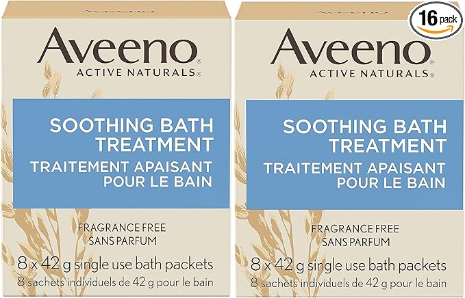 Aveeno Fragrance Free Soothing Bath Treatment, 100% Natural Colloidal Oatmeal, Sensitive Skin Bath Soak for Relief of Dry, Itchy, Irritated Skin Due to Eczema & Hives, Bath Packets, 8 ct. (Pack of 2)