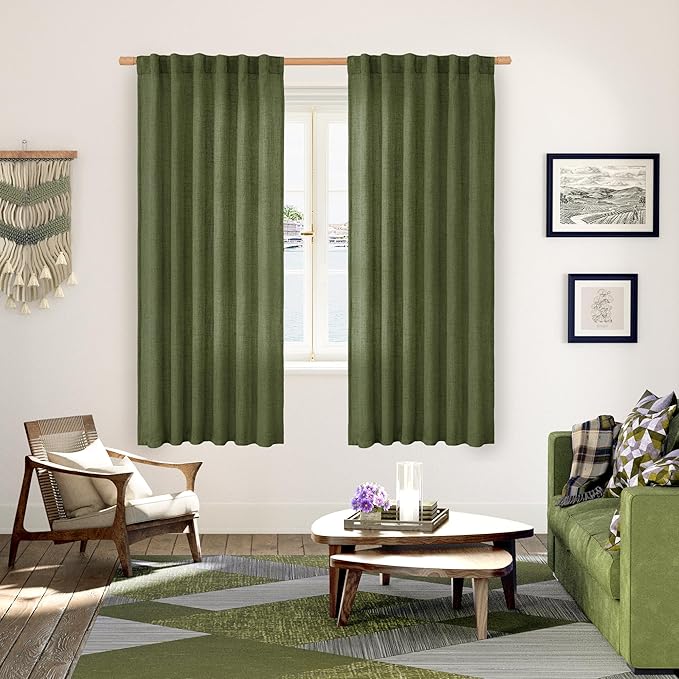 YoungsTex Olive Green Linen Curtains 63 Inch Length for Living Room, Light Filtering Textured Drapes with Rod Pocket/Back Tab Semi Sheer Window Treamtments for Bedroom, 2 Panels, 52 X 63 Inch