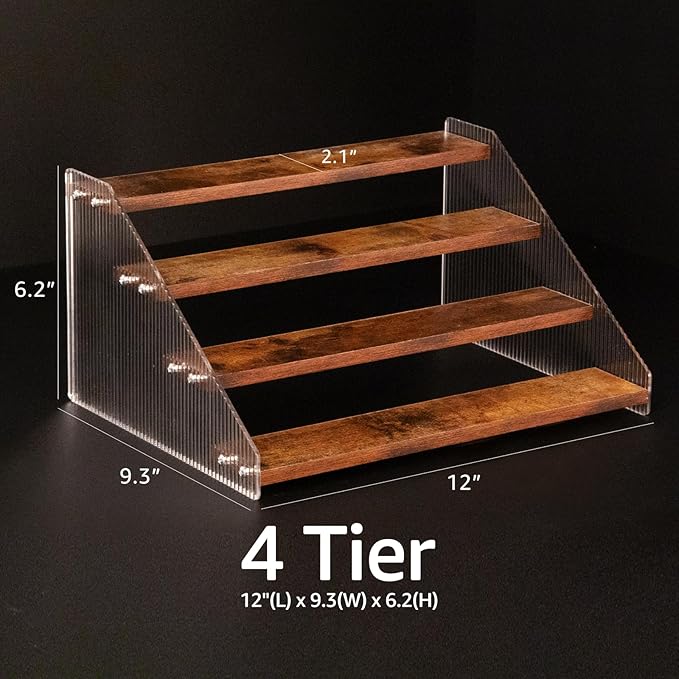 nianfeng Tiered Spice Rack, 4-Tier Spice Pantry Kitchen Cabinet Organizer, 12-Inch, Natural Wood Acrylic Stair Riser Stand, Countertop Seasoning Shelf (Rustic Brown)