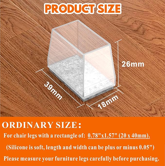 Rectangle Chair Leg Protectors for Hardwood Floors,16 PCS Silicone Covers to Protect Wood Tile Floors Felt Pads Furniture Leg Caps Reduce Noise. Easy to Move. (Clear,2 x 4cm, Rectangular)