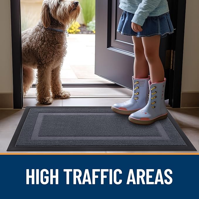 OLANLY Front Door Mat Indoor Outdoor Entrance, Waterproof All-Season, All-Weather Doormat, Sturdy Natural Rubber, Fade Resistant, Low Profile, Easy Clean Patio Porch Entryway Mat, 59x23, Light Grey