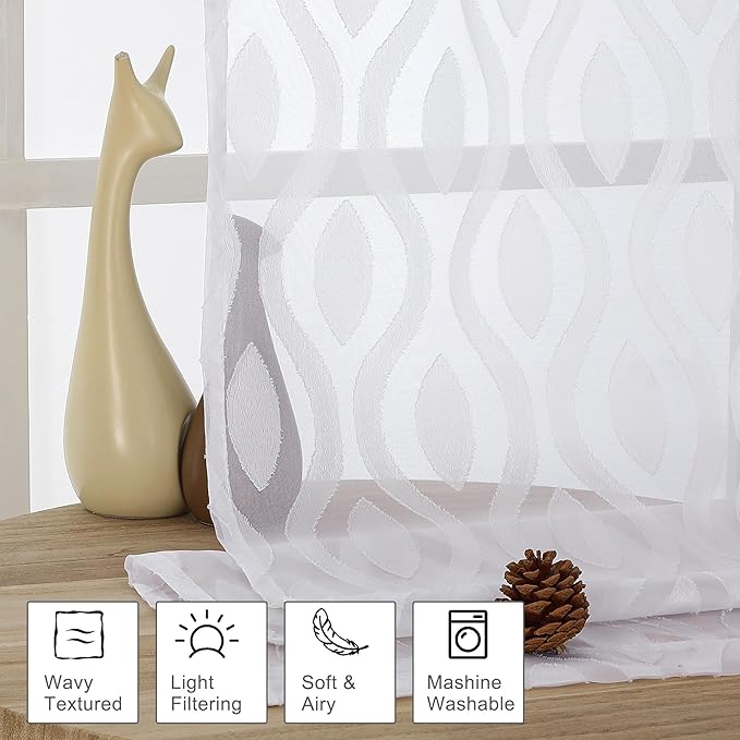 Aiyufeng White Sheer Curtains 45 Inch Length 2 Panels Set, Farmhouse Clip Jacquard Textured Short Curtains, Lightweight Chic Wavy Line Window Curtains Drapes for Bedroom, 40" Wx45 L Inches