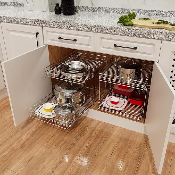 ROOMTEC Individual Pull Out Cabinet Organizer (14½" W x 21½" D), 2 Tier Spice Rack Organizer for Cabinet, Slide Out Drawer Pantry Shelf Organization and Storage for Kitchen Bathroom