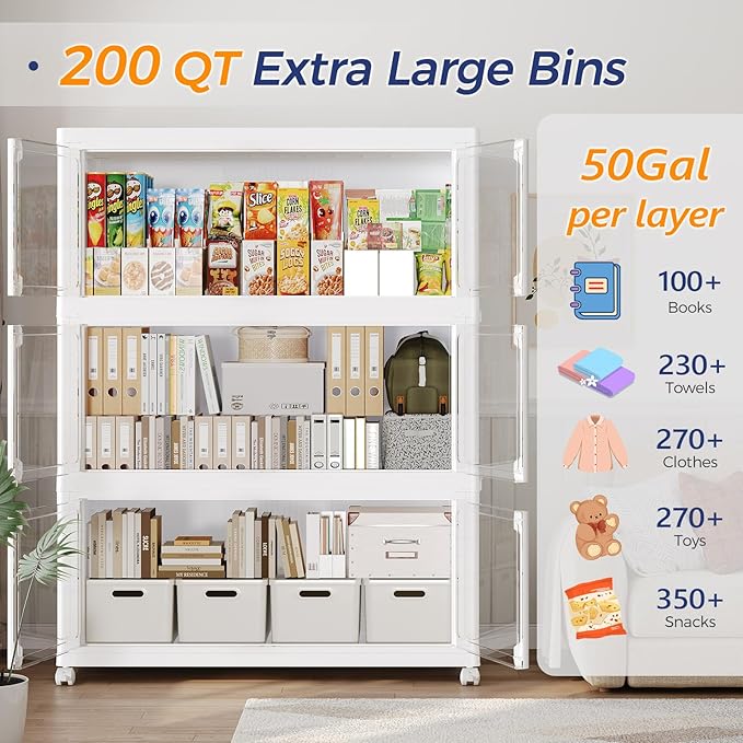800Qt Stackable Storage Bins with Lid and Wheels, 200Gal Plastic Closet Organizer and Storage Drawer, Large Collapsible Storages Box Cabinet with Clear Door for Home Kitchen, 4Pack White