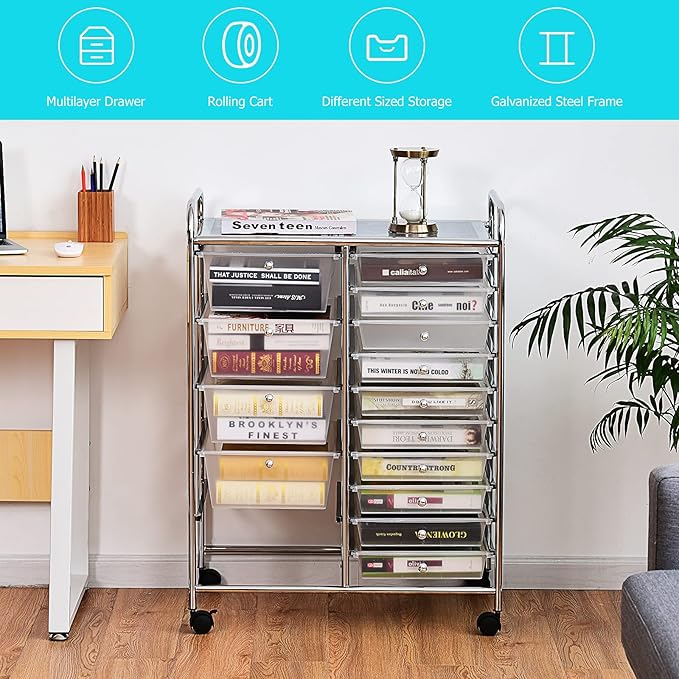 GOFLAME 15-Drawer Rolling Storage Cart, Multipurpose Movable Organizer, Utility Cart for Home, Office, School, Clear