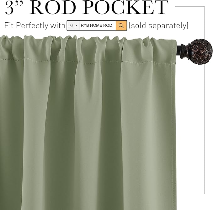 RYB HOME Short Curtains 45 inch 2 Panels Set, Room Darkening Small Window Drapes Thermal Insulated Cafe Curtains for Kitchen Dorm Transit Van, W 34 x L 45 inch, Sage Green